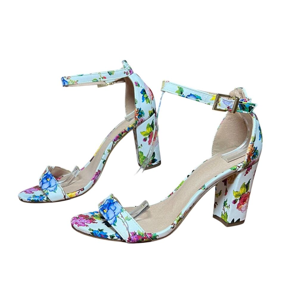 Madden Girl Heeled Sandals Women's Sz 7.5 White Floral Brigid Ankle Strap Spring - Picture 3 of 13